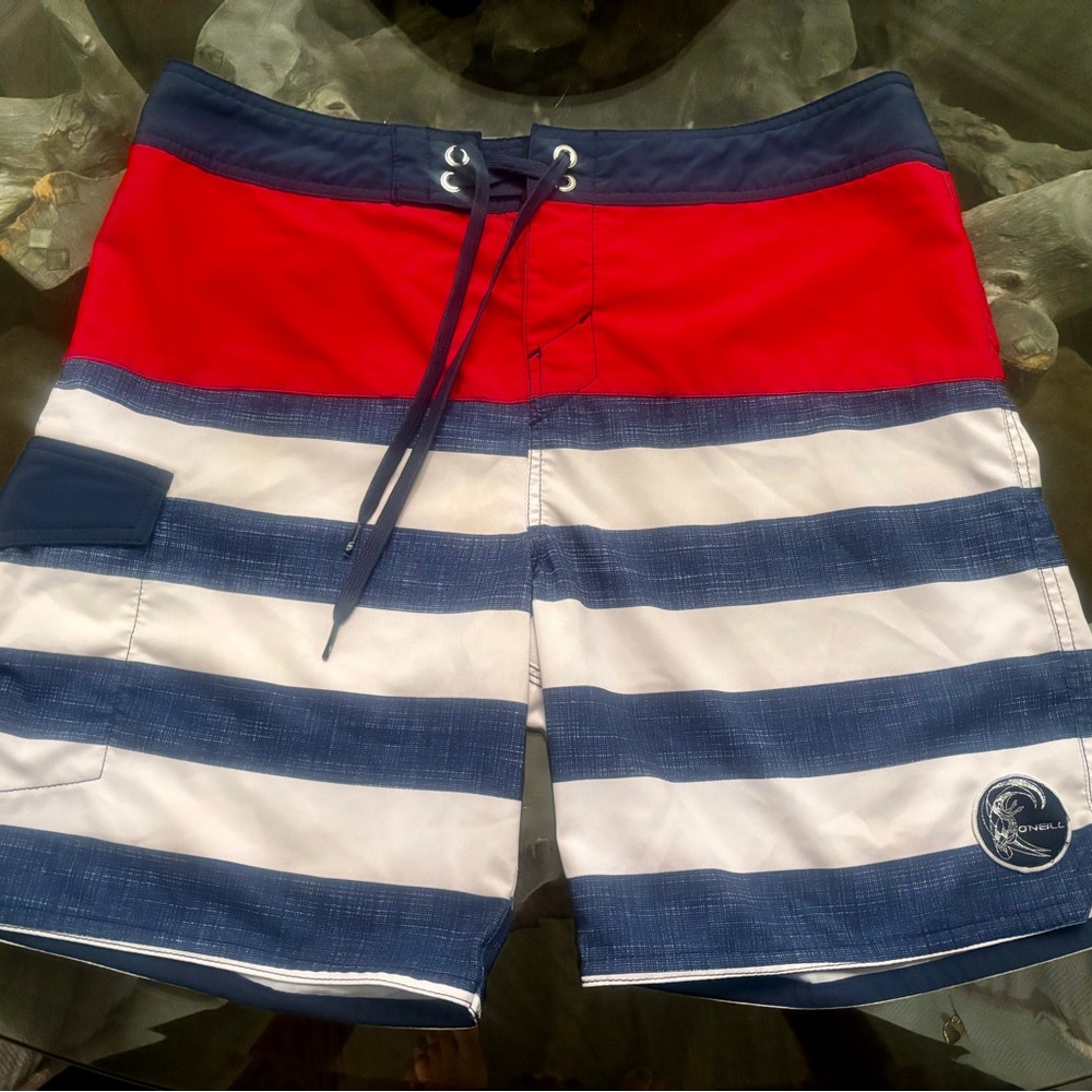 O'Neill Red and Blue Board Shorts with Nautical Design -36